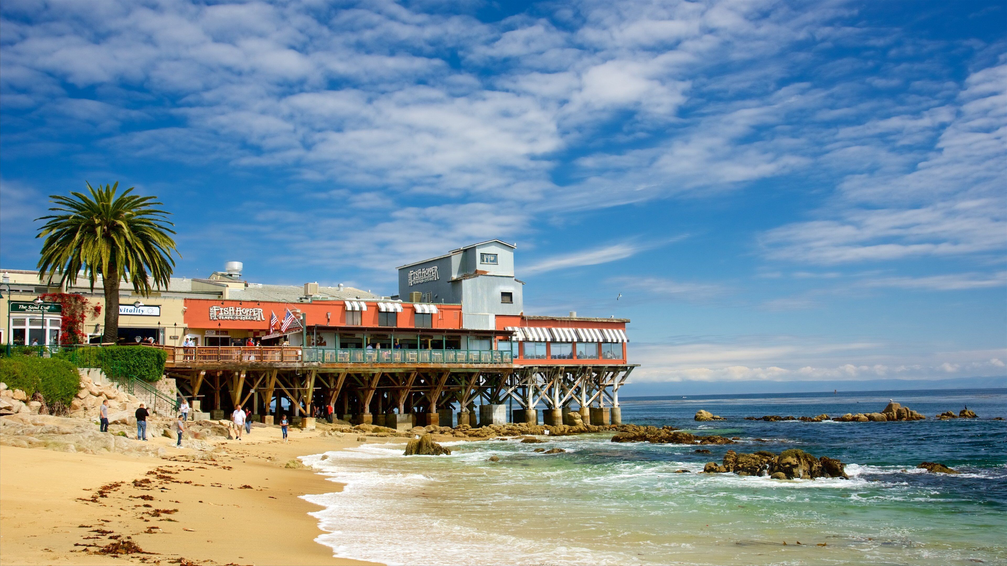 Cannery Row which includes a beach and rugged coastline