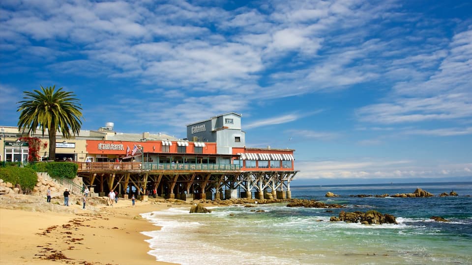 Cannery Row featuring rocky coastline and a beach