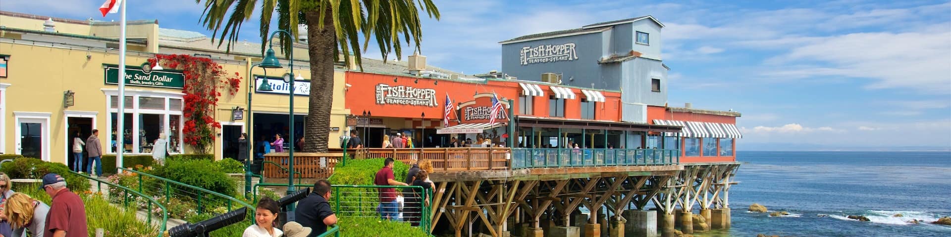 Cannery Row showing a beach as well as a small group of people