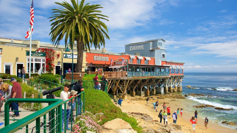 Cannery Row showing a sandy beach as well as a small group of people