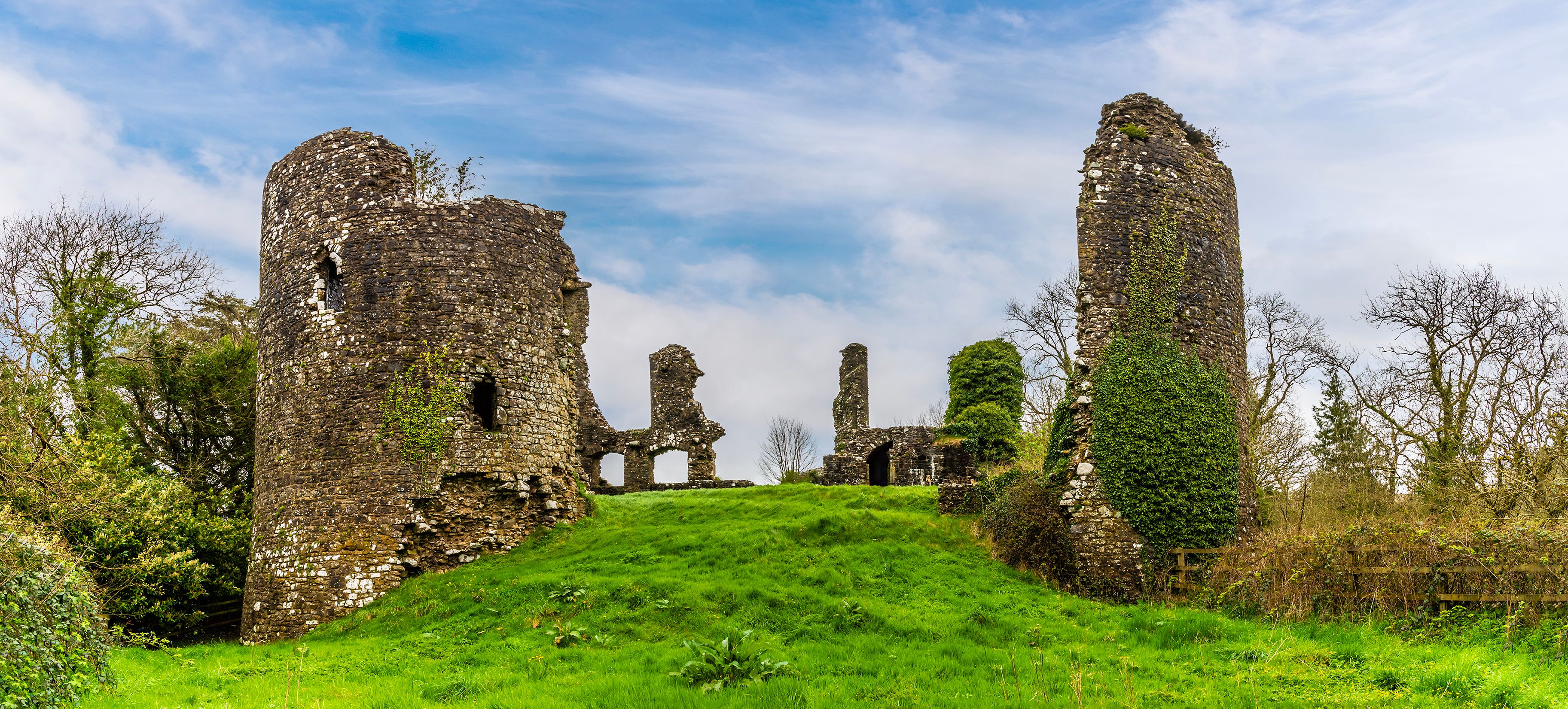 A panorama view towards the south east side of the castle ruins in Narberth, Pemborkeshire, Wales in Springtime