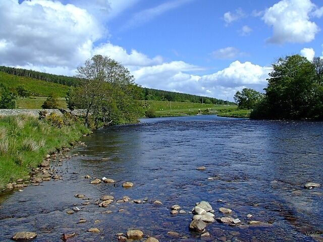 A river with rocks, green grass, trees, and a clear sky.