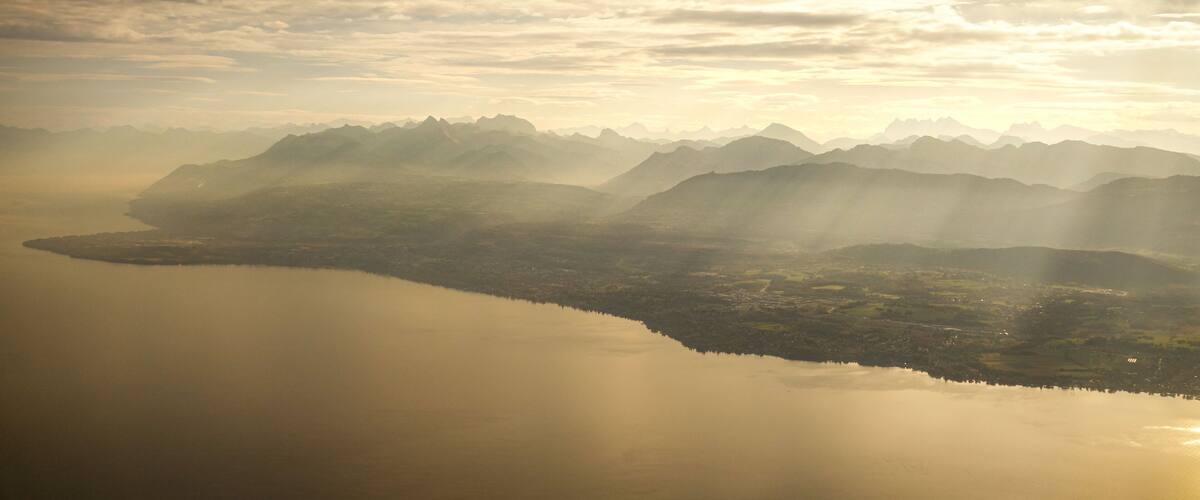 Aerial View of the Alps and Lake Geneva at Sunrise