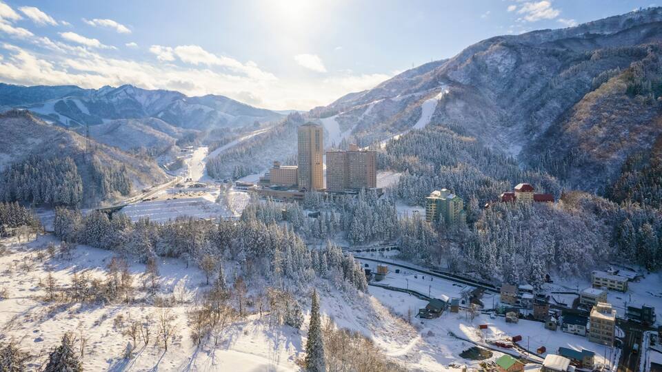 Aerial view of Echigo-Yuzawa, Niigata Prefecture, Japan, the snow country depicted in Yasunari Kawabata's novel