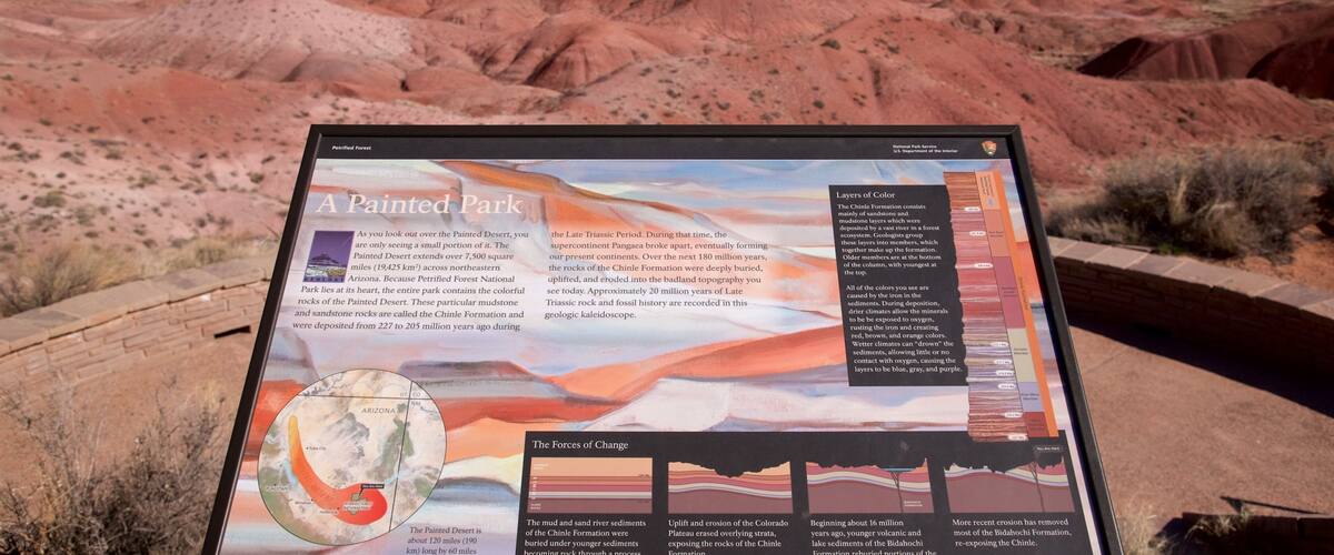A sign about Petrified Forest National Park with a landscape view.