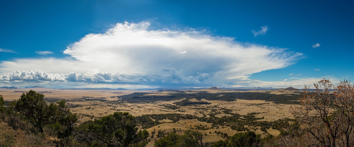 A vast landscape with rolling hills, scattered trees, and a large cloud formation in a clear blue sky.