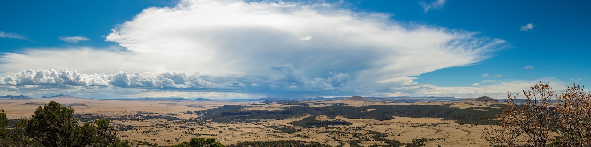 A vast landscape with rolling hills, scattered trees, and a large cloud formation in a clear blue sky.