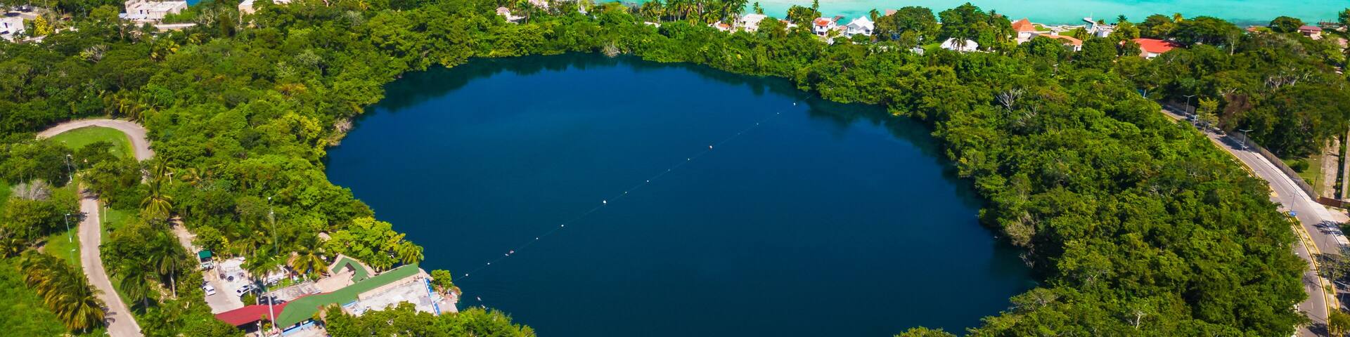 Aerial view of cenote in Bacalar Mexico travel holiday destination