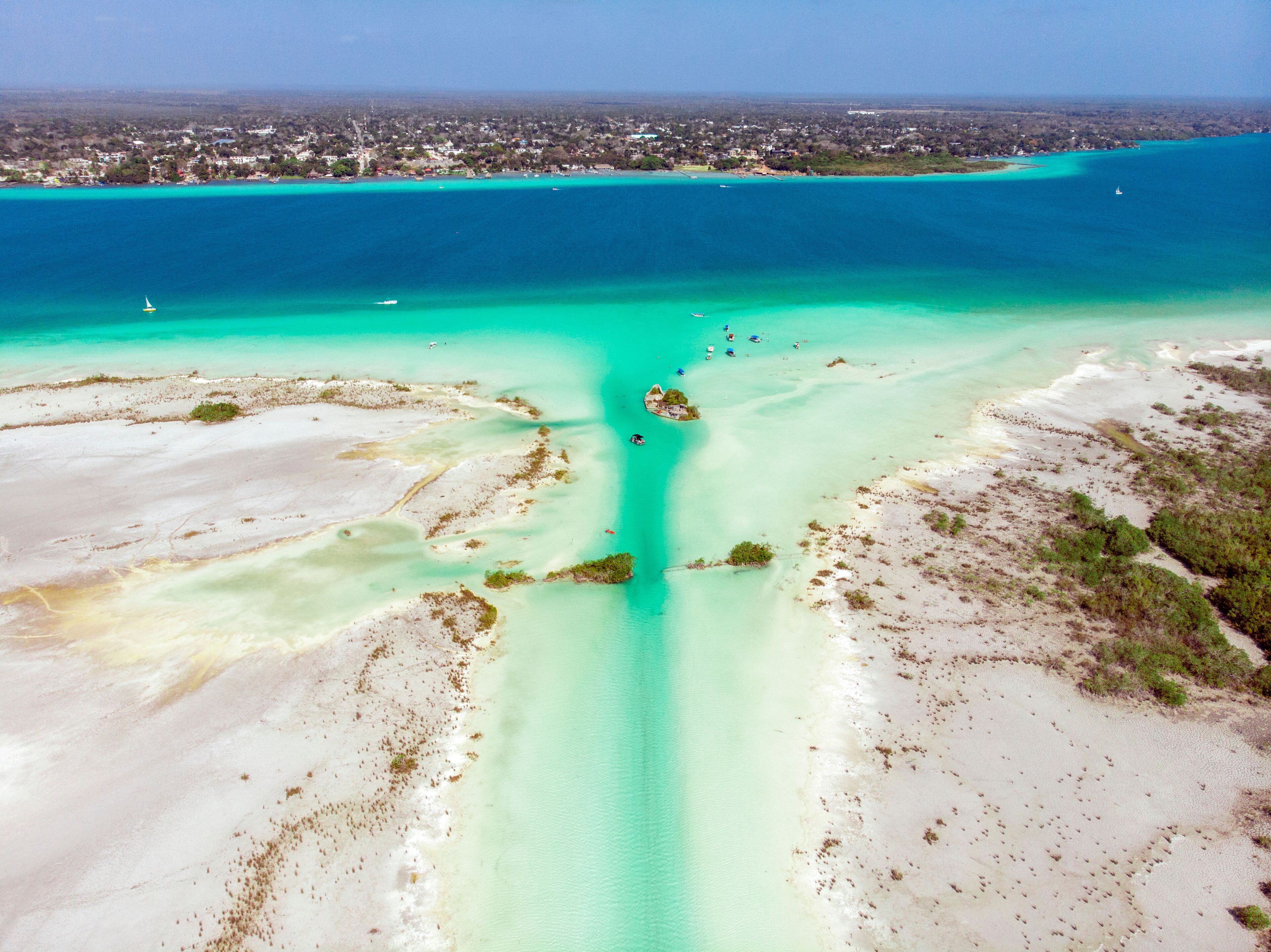 Aerial Drone Shot of the Pirate Channel of Bacalar Quintana roo, Mexico. Shipwreck island in Lagoon of seven colors