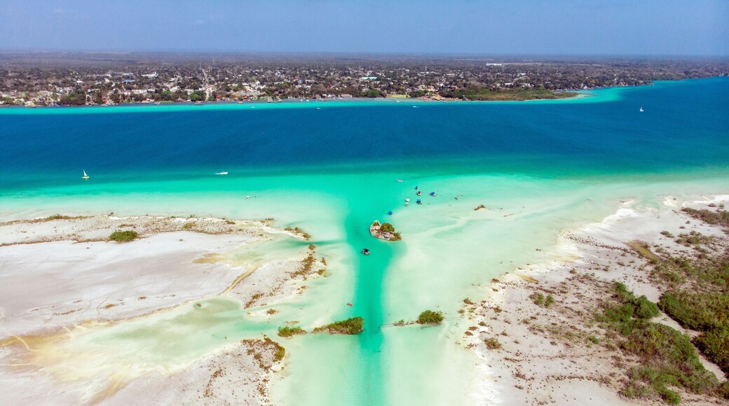 Aerial Drone Shot of the Pirate Channel of Bacalar Quintana roo, Mexico. Shipwreck island in Lagoon of seven colors