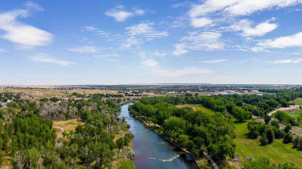 Aerial panoramic photo Pueblo City Park Colorado Summer 2023 Arkansas River