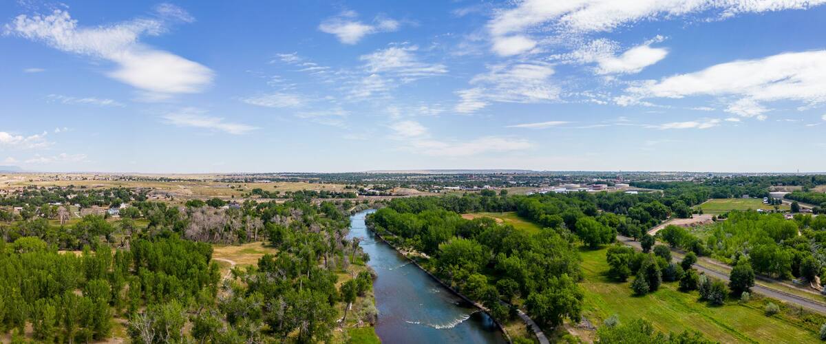 Aerial panoramic photo Pueblo City Park Colorado Summer 2023 Arkansas River