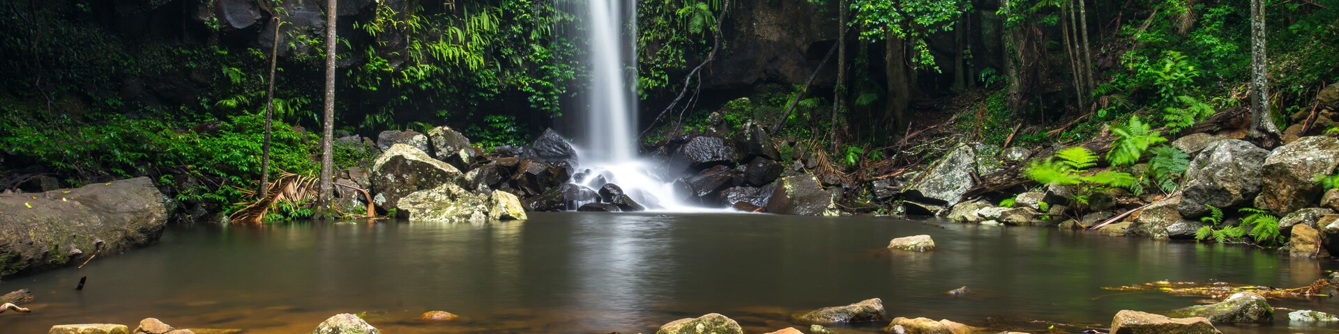 Uma cascata numa área florestal com água límpida e pedras.