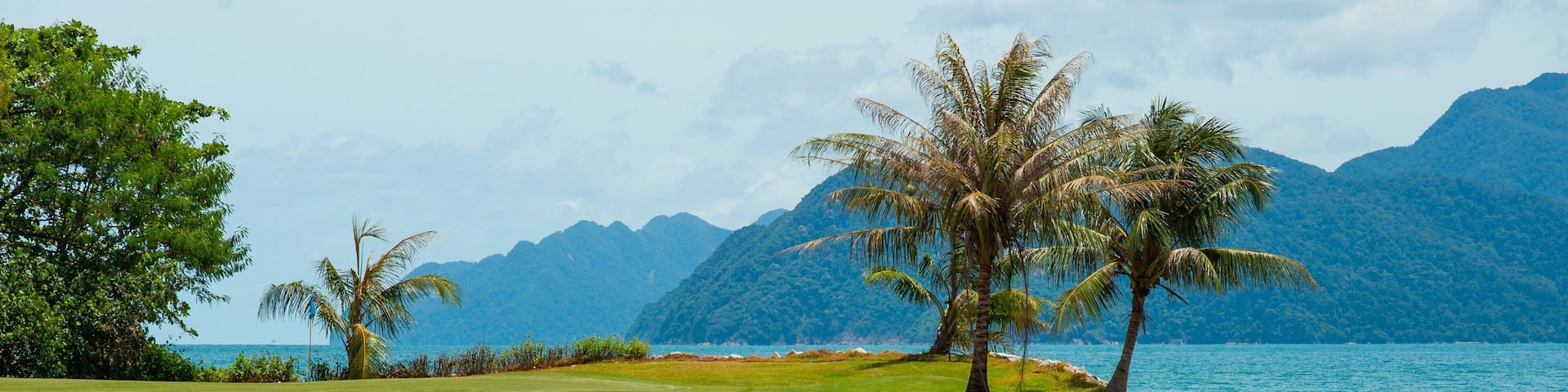 A golf course with a rocky shoreline and palm trees by a lake with mountains in the background.