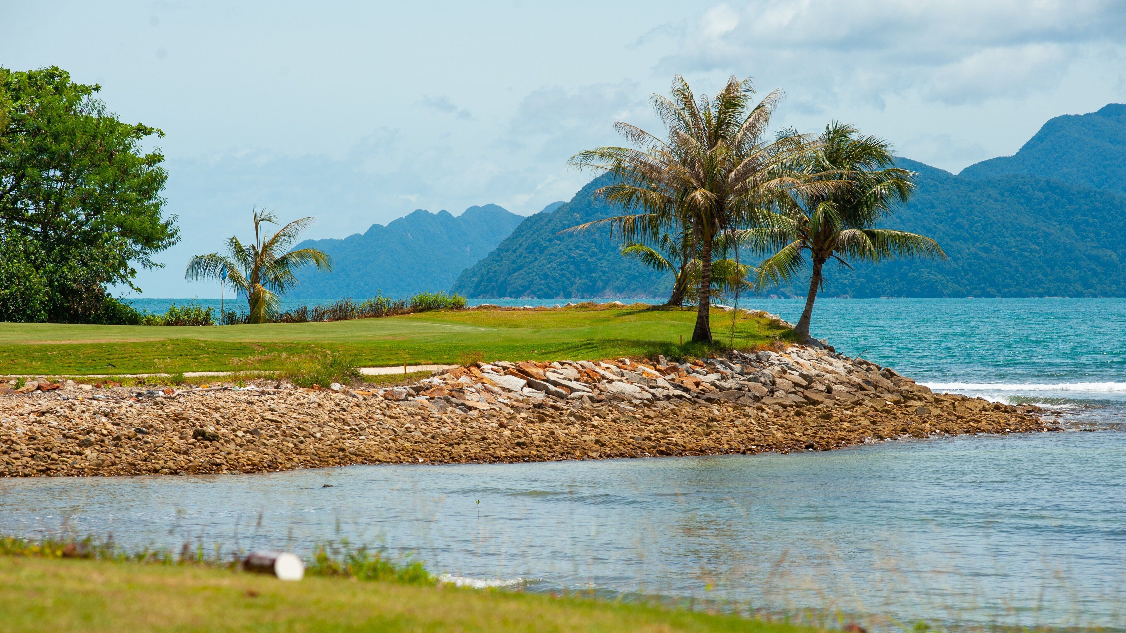 A golf course with a rocky shoreline and palm trees by a lake with mountains in the background.