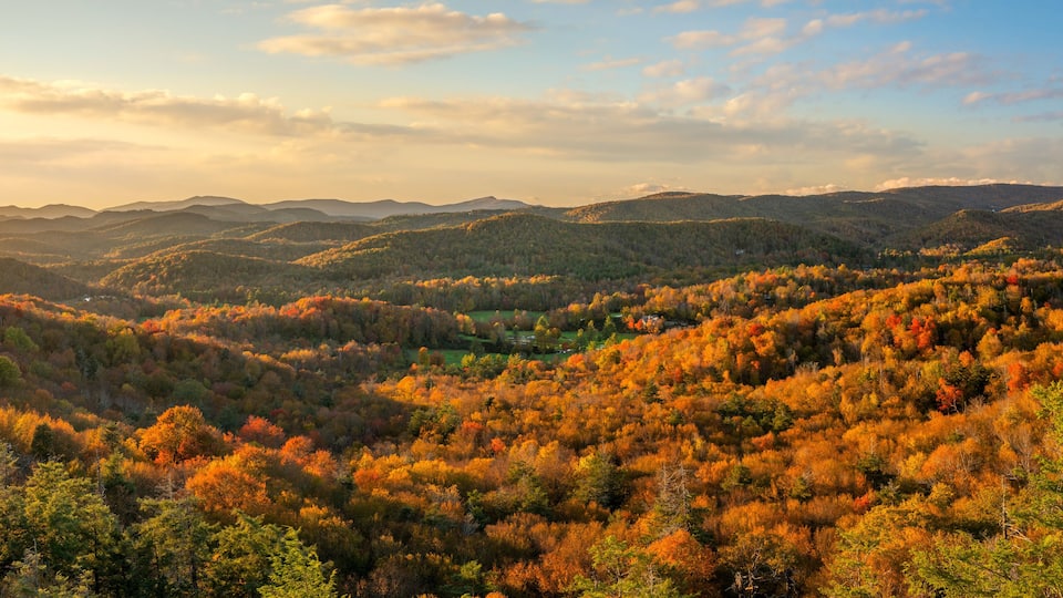 A mountainous landscape with autumn foliage.