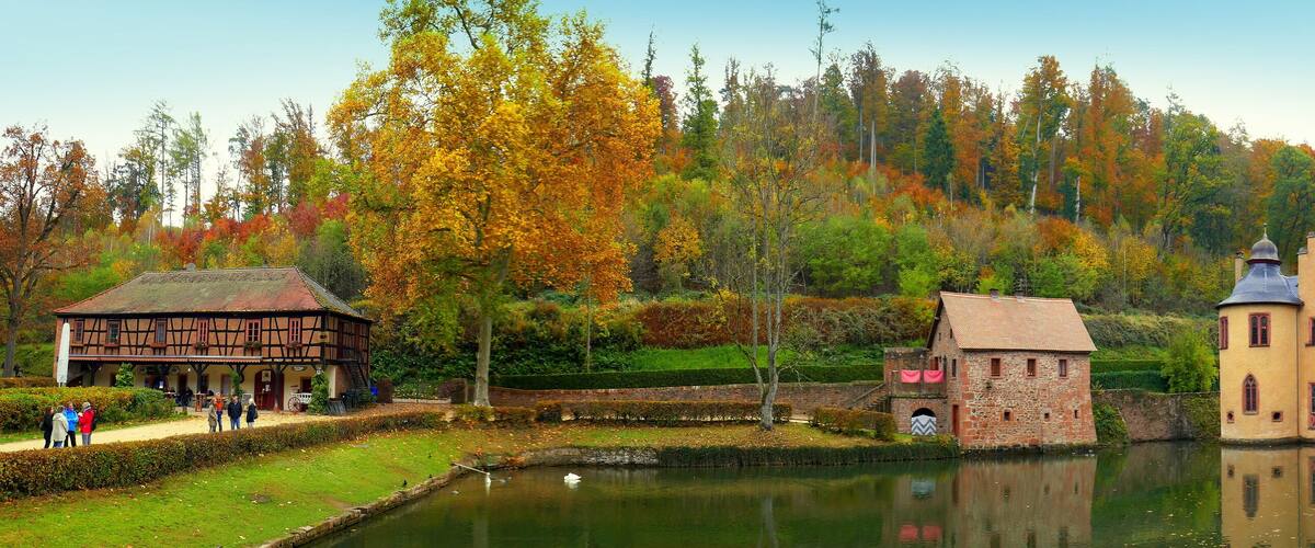 A castle with a tower, a traditional building, and a pond surrounded by autumn trees.