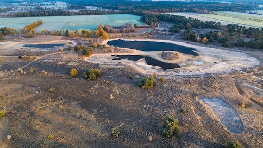 Aerial view of nature recovery project in early morning light after a night with frost, De Bergvennen, Lattrop, Twente, Overijssel, Netherlands.