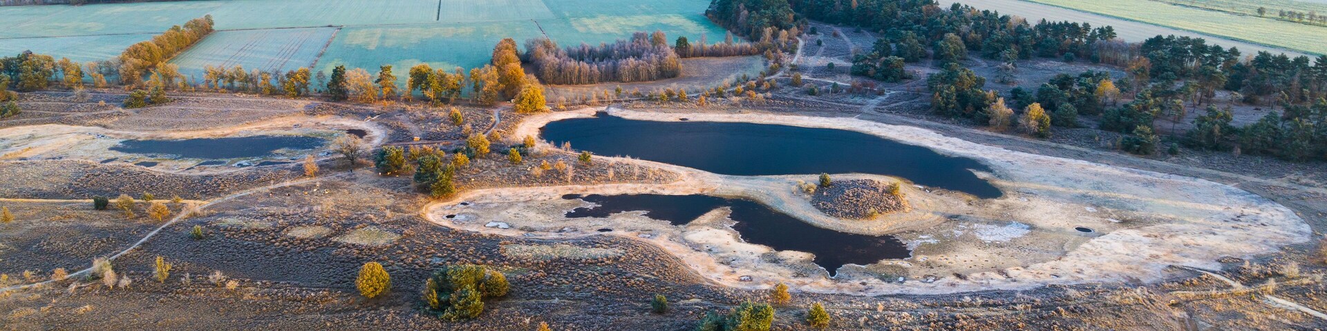 Aerial view of nature recovery project in early morning light after a night with frost, De Bergvennen, Lattrop, Twente, Overijssel, Netherlands.