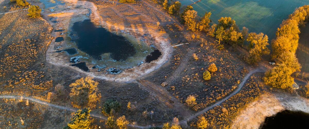 An aerial view of a landscape with fields, a lake, and a forest.