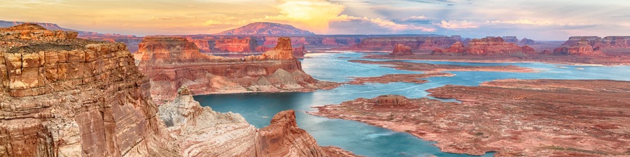 Lake Powell panoramic sunset landscape, Arizona, USA. Alstrom Point. Travel concept.