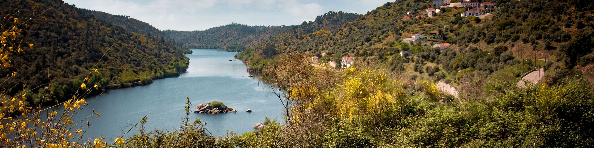 Um rio rodeado por colinas, com casas e um castelo no topo de uma colina.