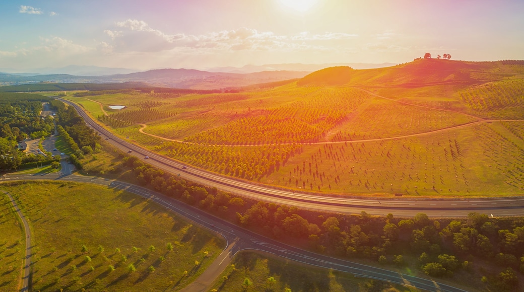 Aerial panorama of beautiful countryside at sunset in Canberra, Australia