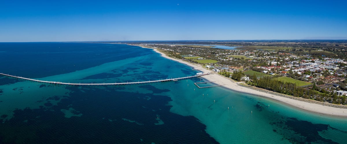 Panoramic aerial view of Busselton pier, the worlds longest wooden structure; Busselton is 220km south west of Perth in Western Australia