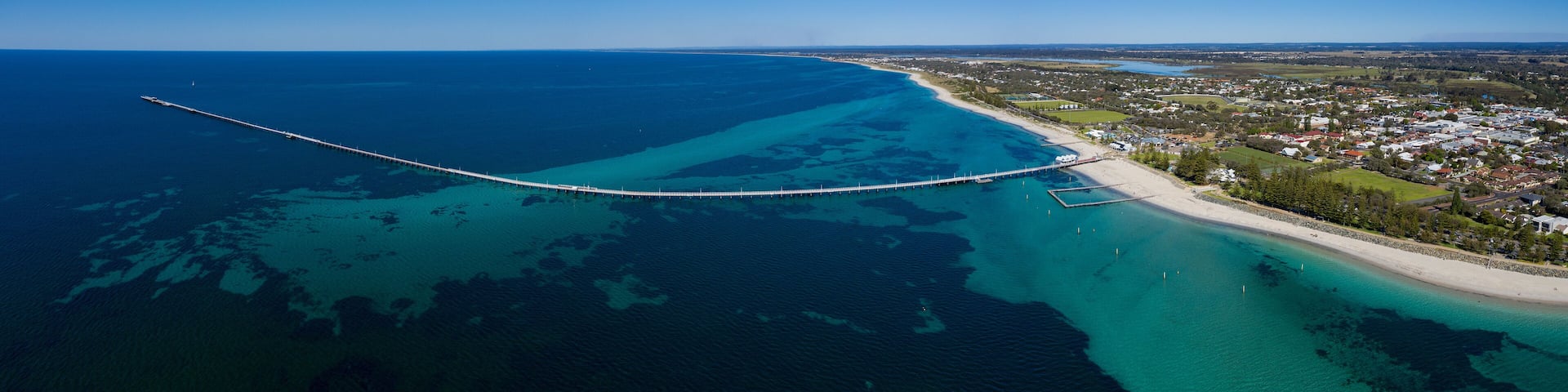 Panoramic aerial view of Busselton pier, the worlds longest wooden structure; Busselton is 220km south west of Perth in Western Australia