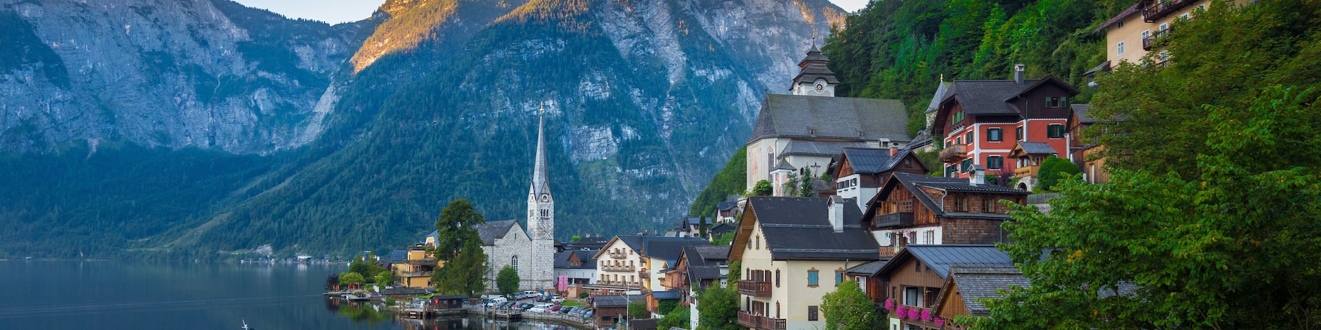 Postcard view of Hallstatt in summer, Salzkammergut, Austria
