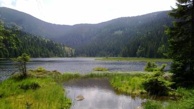 A lake surrounded by forested mountains.
