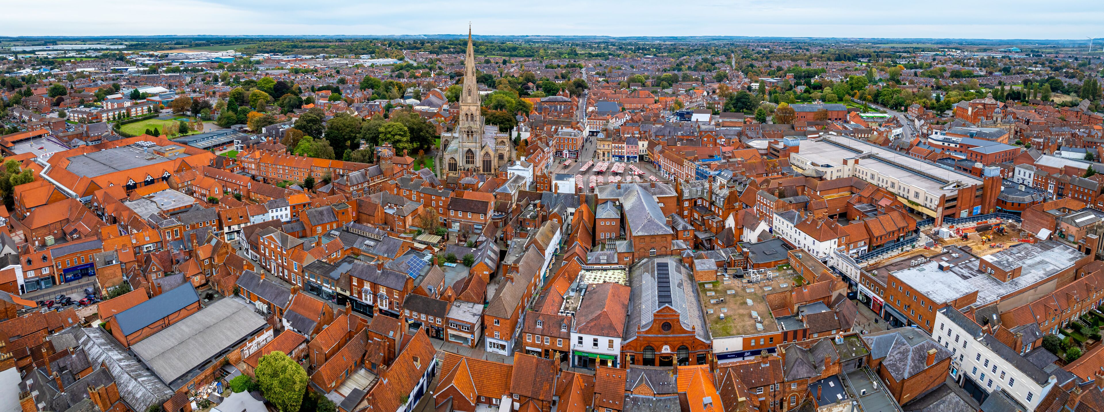 Aerial view of Newark-on-Trent, a market town and civil parish in the Newark and Sherwood district in Nottinghamshire, England