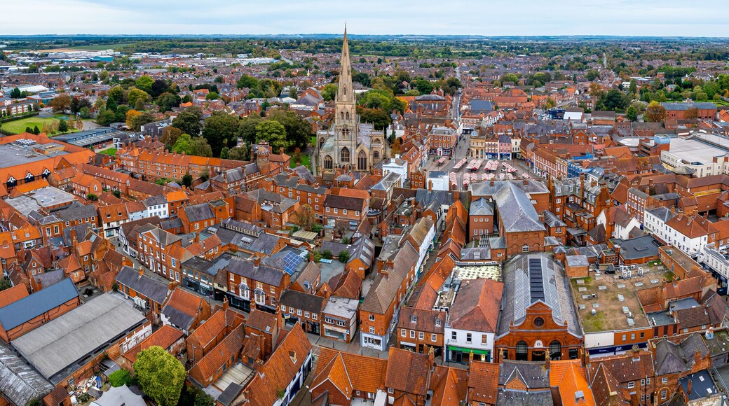Aerial view of Newark-on-Trent, a market town and civil parish in the Newark and Sherwood district in Nottinghamshire, England