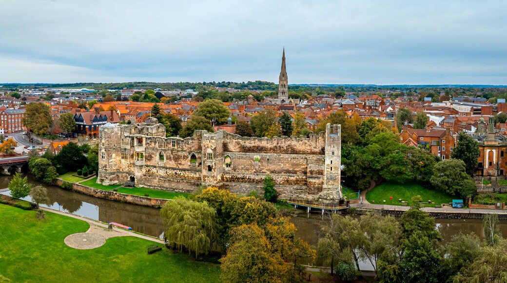 Aerial view of Newark-on-Trent, a market town and civil parish in the Newark and Sherwood district in Nottinghamshire, England