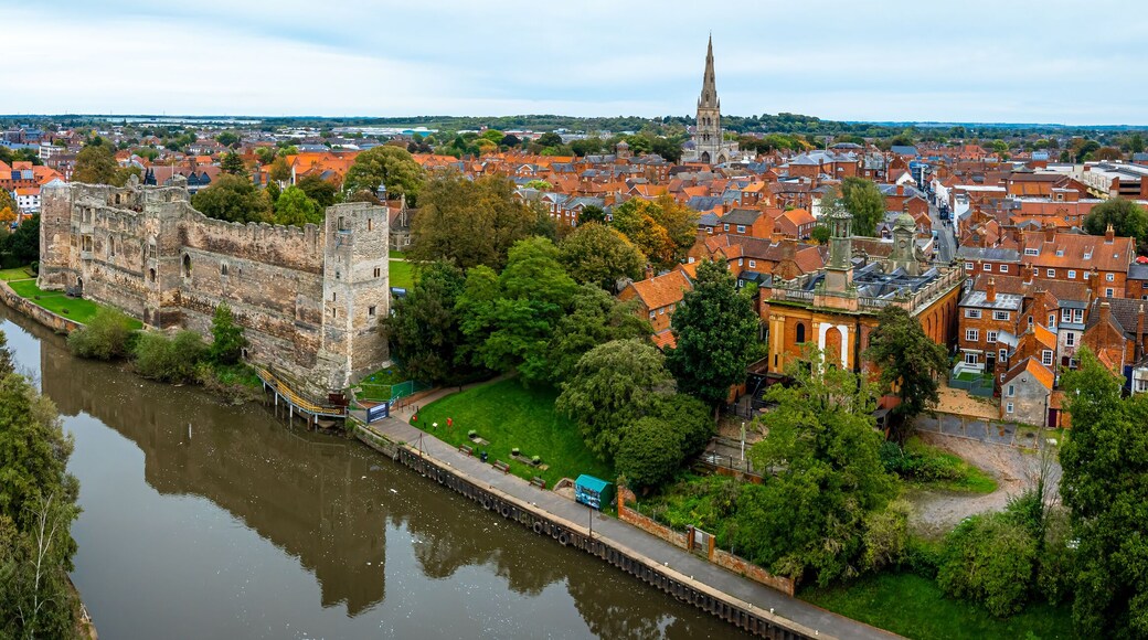 Aerial view of Newark-on-Trent, a market town and civil parish in the Newark and Sherwood district in Nottinghamshire, England
