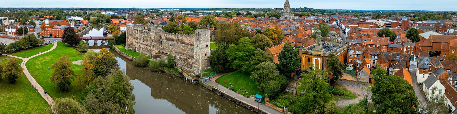 Aerial view of Newark-on-Trent, a market town and civil parish in the Newark and Sherwood district in Nottinghamshire, England