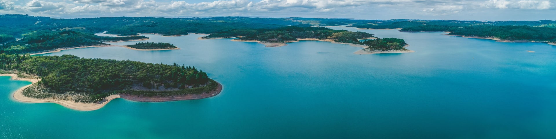 Wide aerial panorama of scenic lake in Victoria, Australia