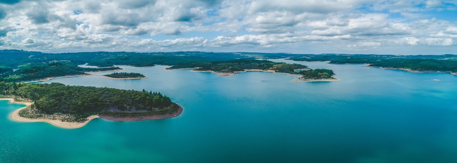 Wide aerial panorama of scenic lake in Victoria, Australia