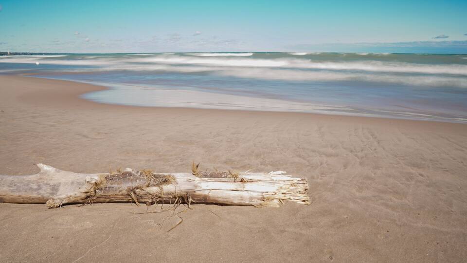 A sandy beach with a driftwood log in the foreground and waves approaching the shore.