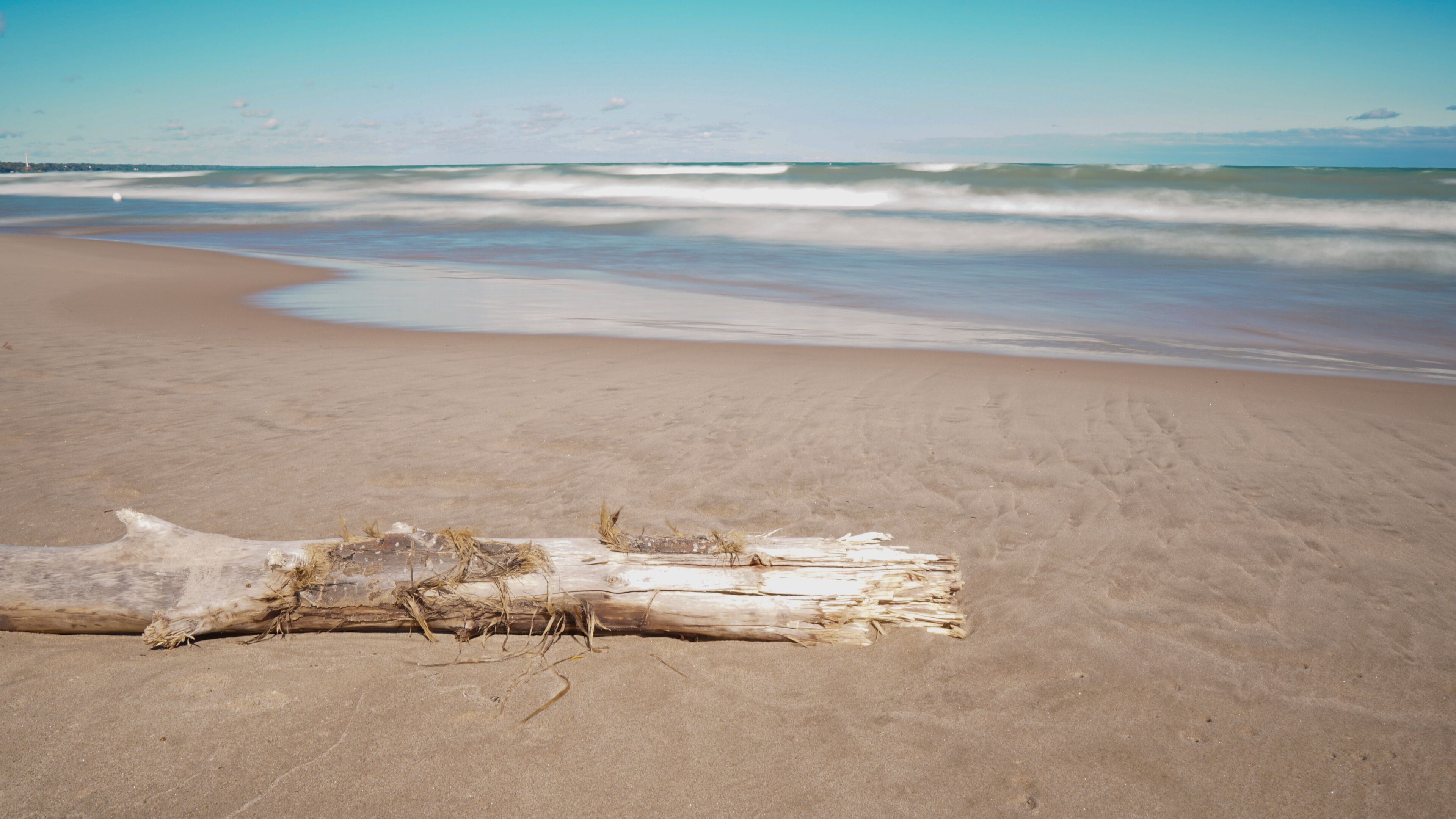 A sandy beach with a driftwood log in the foreground and waves approaching the shore.