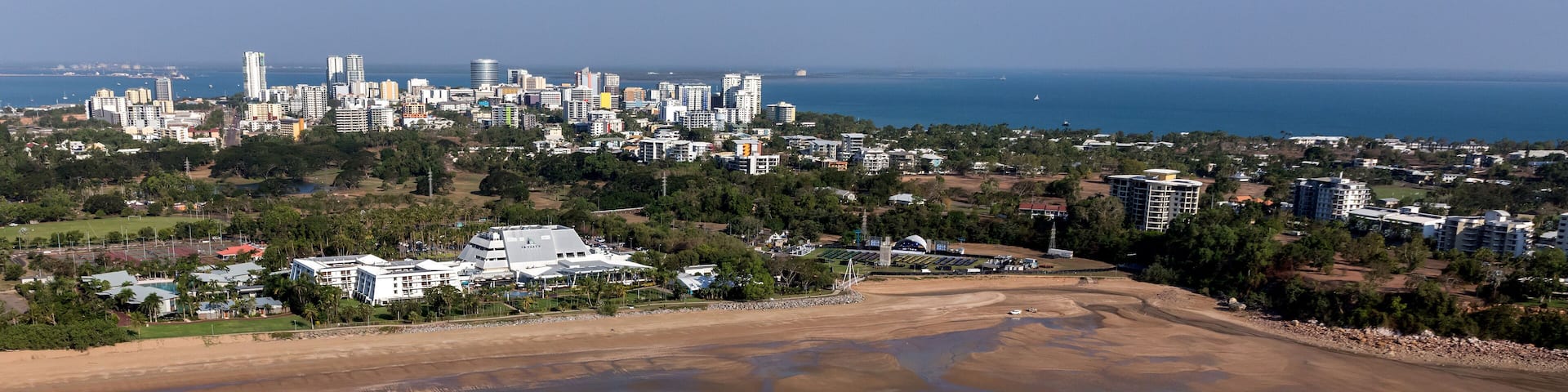 An aerial photo of Darwin, the capital city of the Northern Territory of Australia from Mindil Beach showing casino