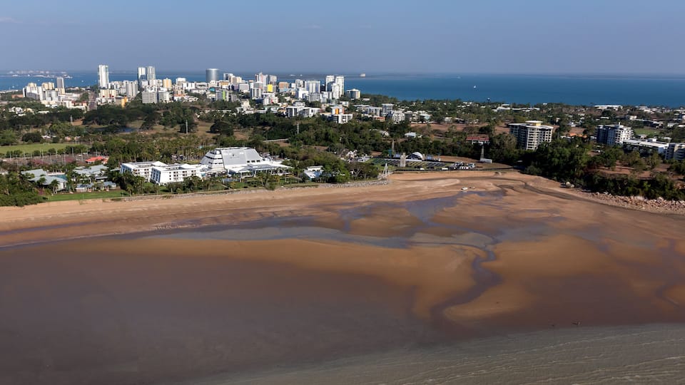 An aerial photo of Darwin, the capital city of the Northern Territory of Australia from Mindil Beach showing casino