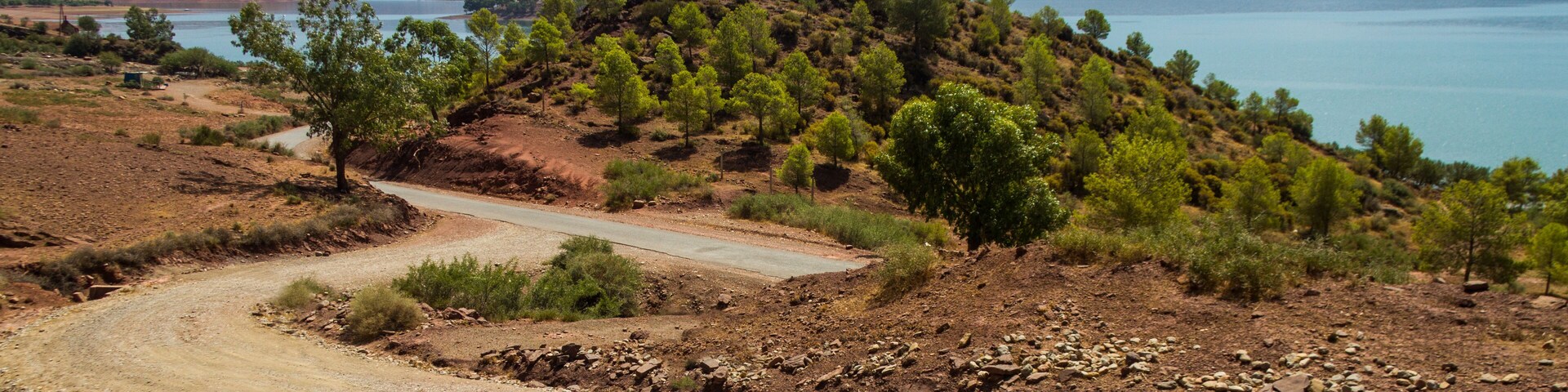 A winding dirt road through a hilly landscape with sparse trees and a lake in the background.