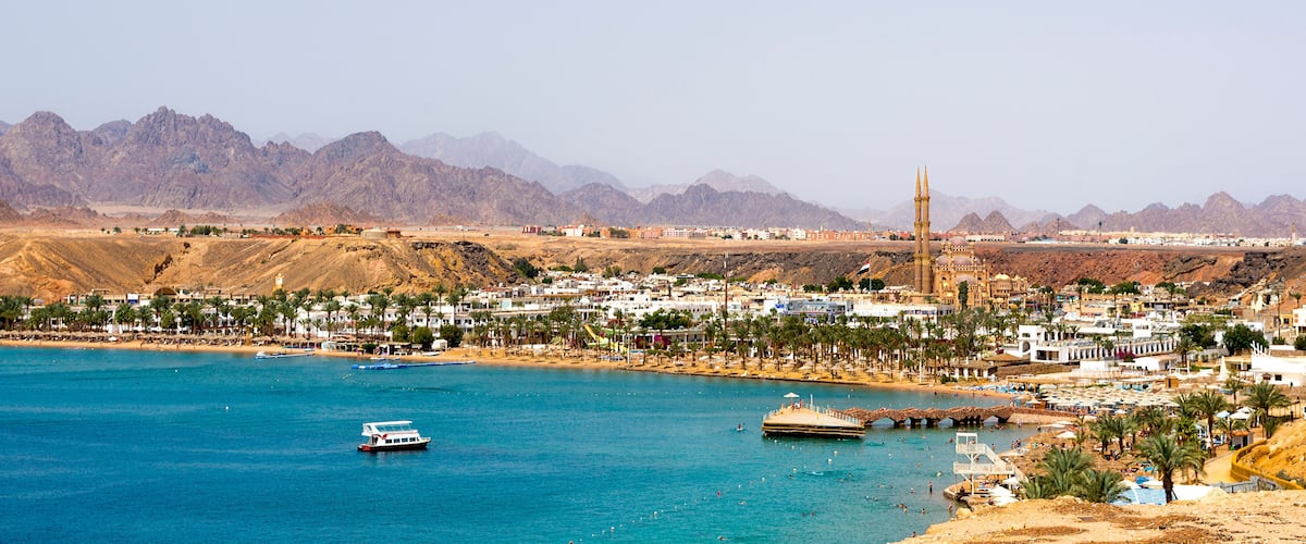 beautiful panoramic view of Sharm el-Maya bay, Hadaba in Sharm el-Sheikh, Egypt, South Sinai, with clear blue sea, mysterious mountains and an incredibly cozy bay