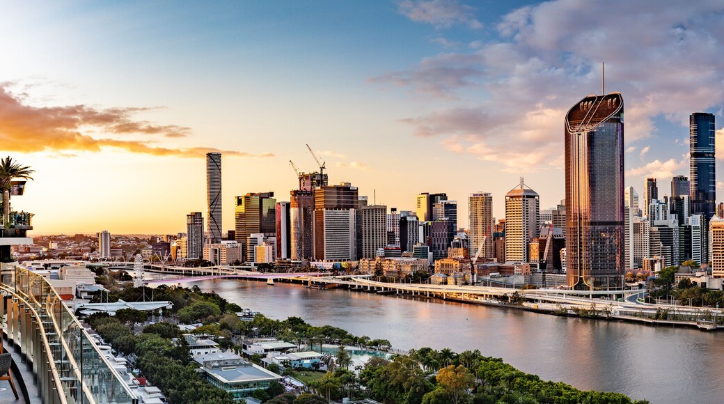 BRISBANE, AUSTRALIA - July 20 2019: Night time areal image of Brisbane CBD and South Bank.