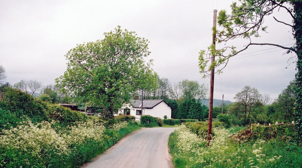 Site of former Eaton station. View northward on road to Wentnor: the impecunious Bishops Castle Light Railway, closed since 20/4/35, ran from Craven Arms (to right) to Bishop's Castle, along her beside the River Onny