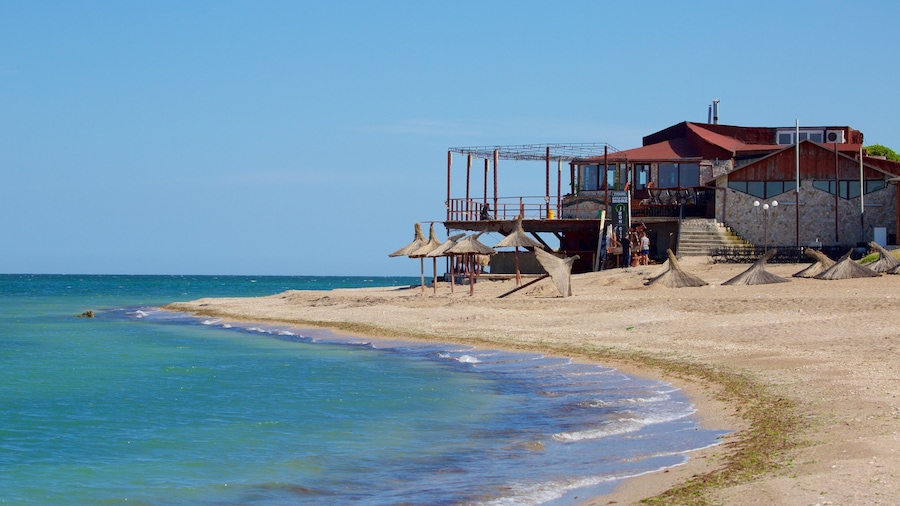 Una playa con una estructura de madera y sombrillas.