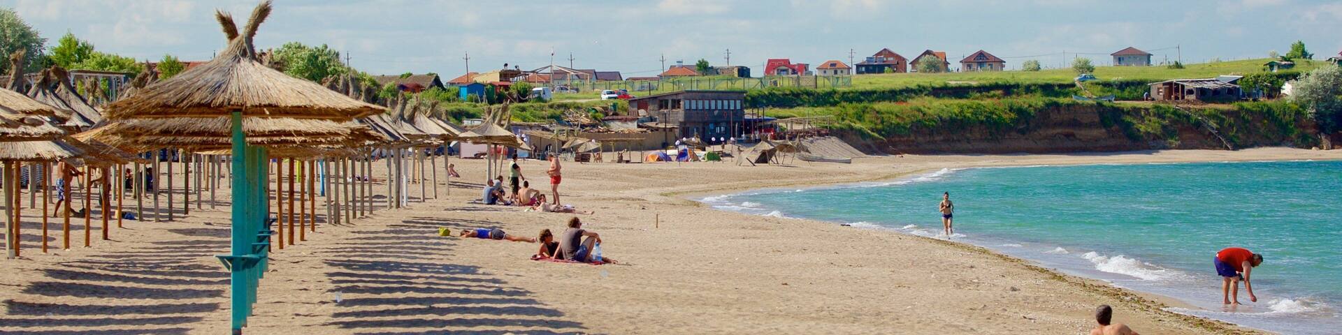 A beach with thatched umbrellas, people sunbathing, and houses in the background.