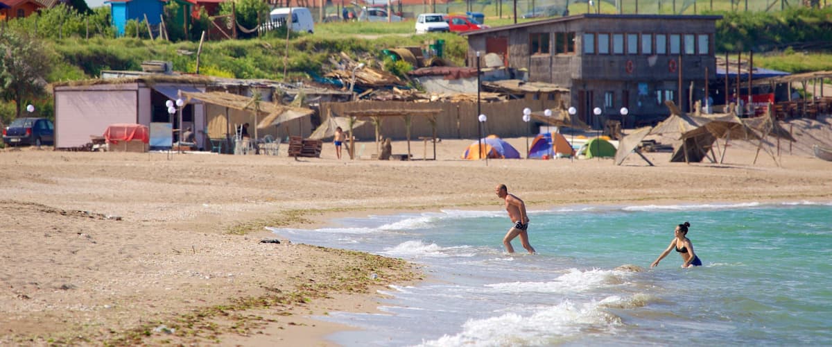 A beach with people playing in the water, a sandy shore, and a backdrop of houses and buildings.