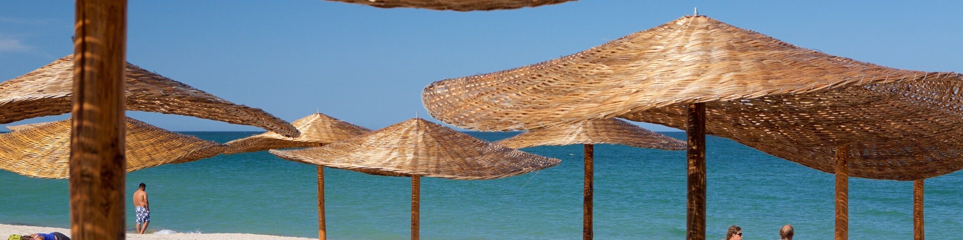 Uma praia com guarda-sóis de palha e pessoas relaxando.